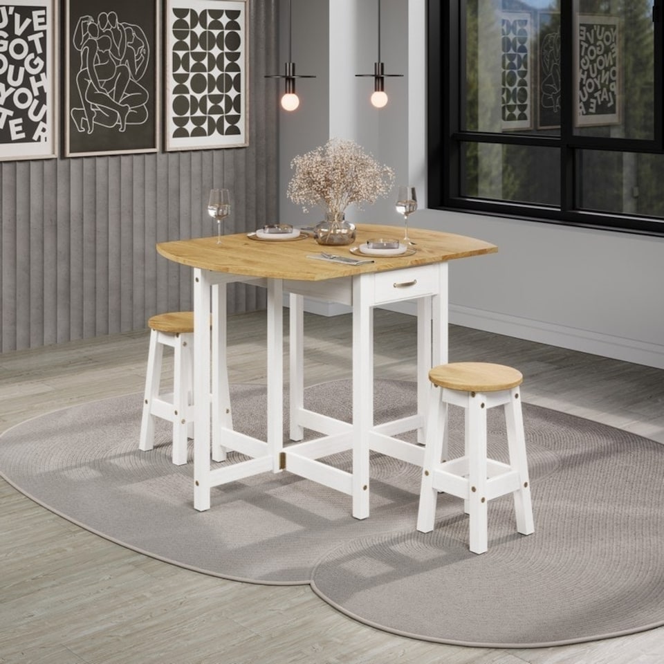 image 1 of Corona Oval Breakfast Drop Leaf Gateleg Table and 2 Stool Set - Pine - White/Antique Waxed Pine - Flat Packed White