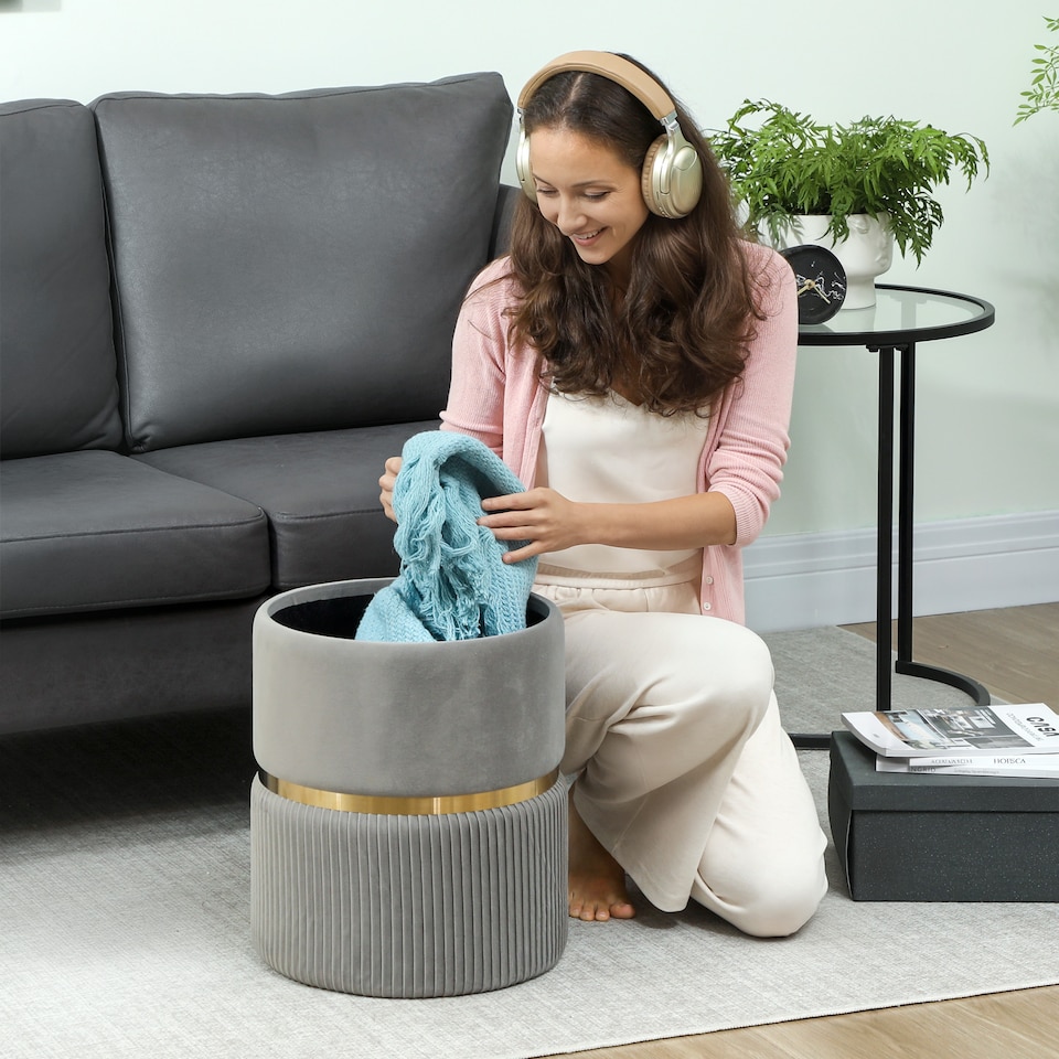image 1 of HOMCOM Round Pouffe Storage Footstool with Hidden Space, Light Grey | Grey