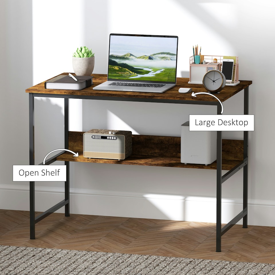 image 1 of HOMCOM 2-Tier Writing Desk Metal Frame with Storage Shelf Rustic Brown Brown