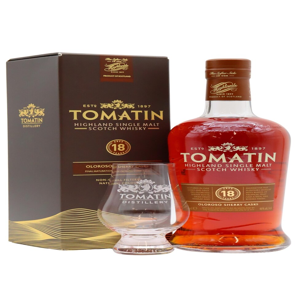 Tomatin - Sherry Cask Highland Single Malt 18 year old Whisky (Includes Glencairn Glass)
