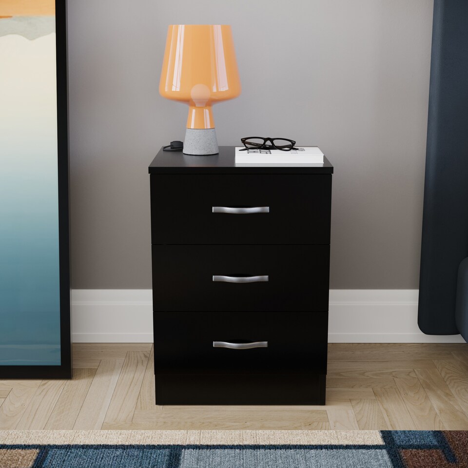 image 1 of Vida Designs Riano 3 Drawer Bedside Chest Cabinet Table Nightstand, Black
