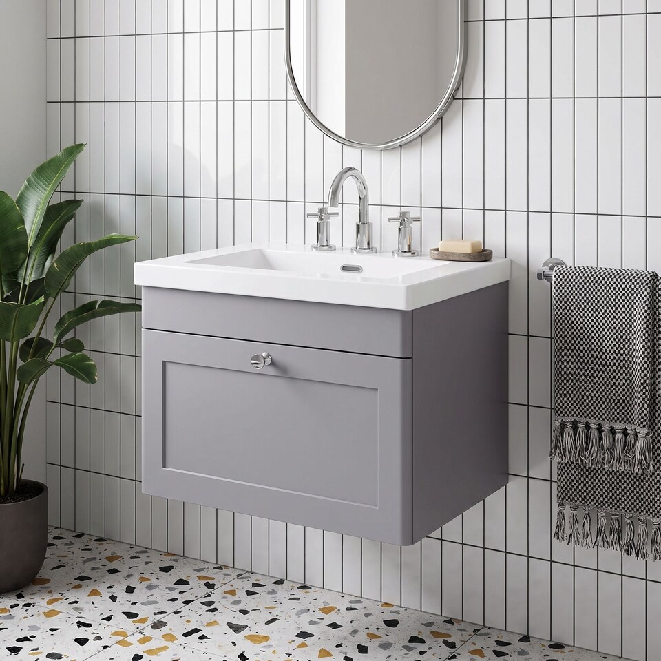 image 1 of Balterley Swynnerton Traditional 1 Drawer Wall Hung Vanity Unit with Fireclay Basin, Satin Grey, 600mm