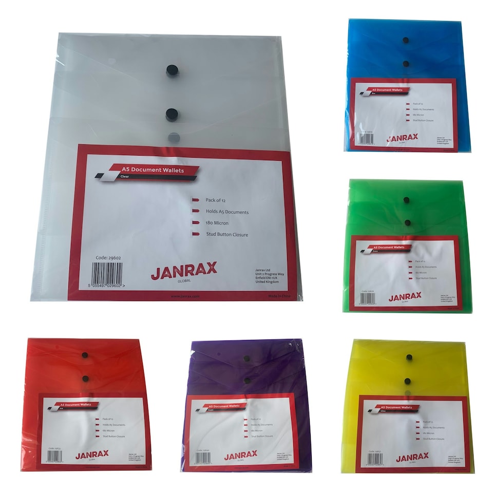 image 1 of Pack of 12 Janrax A5 Assorted Document Wallets - Button Stud Folder