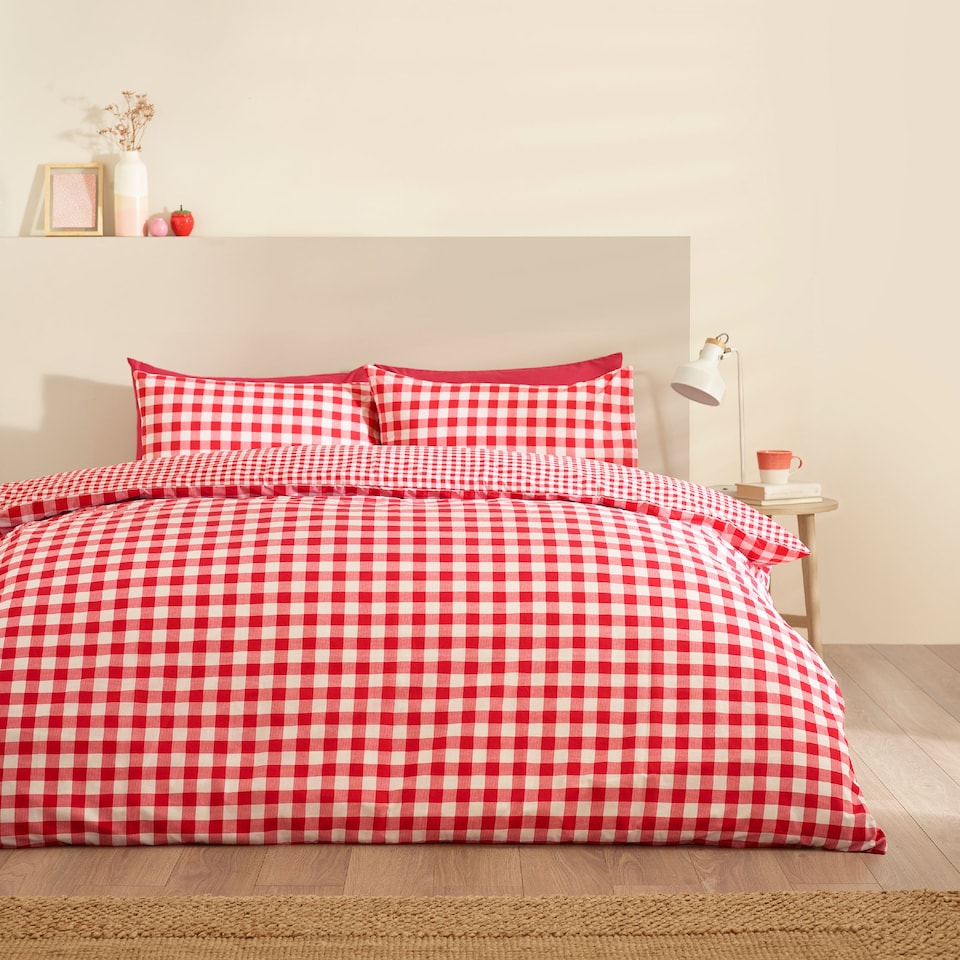 image 1 of Catherine Lansfield Bamford Gingham Check Reversible Duvet Cover Set | Red | King