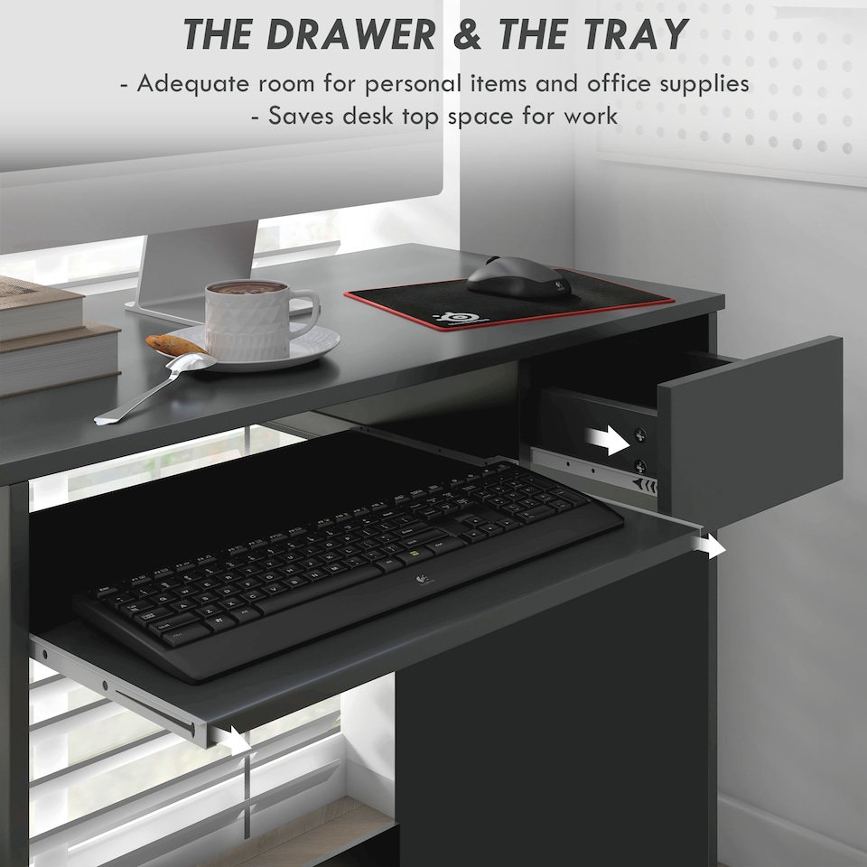 image 1 of HOMCOM 80cm Compact Computer Desk with Keyboard Tray, Home Office Desk with Drawer for Bedroom Study, Grey