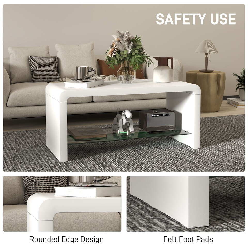 image 1 of HOMCOM High Gloss Coffee Table with Storage, Two-Tier Living Room Table with Glass Shelf, Modern Centre for Home Office, 100 x 45 x 45cm, High Gloss White | Multi