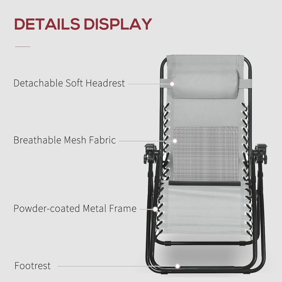image 1 of Outsunny Garden Recliner Chairs Set of 2, Outdoor Foldable Zero Gravity Chairs Set with Footstool and Detachable Headrest, Grey