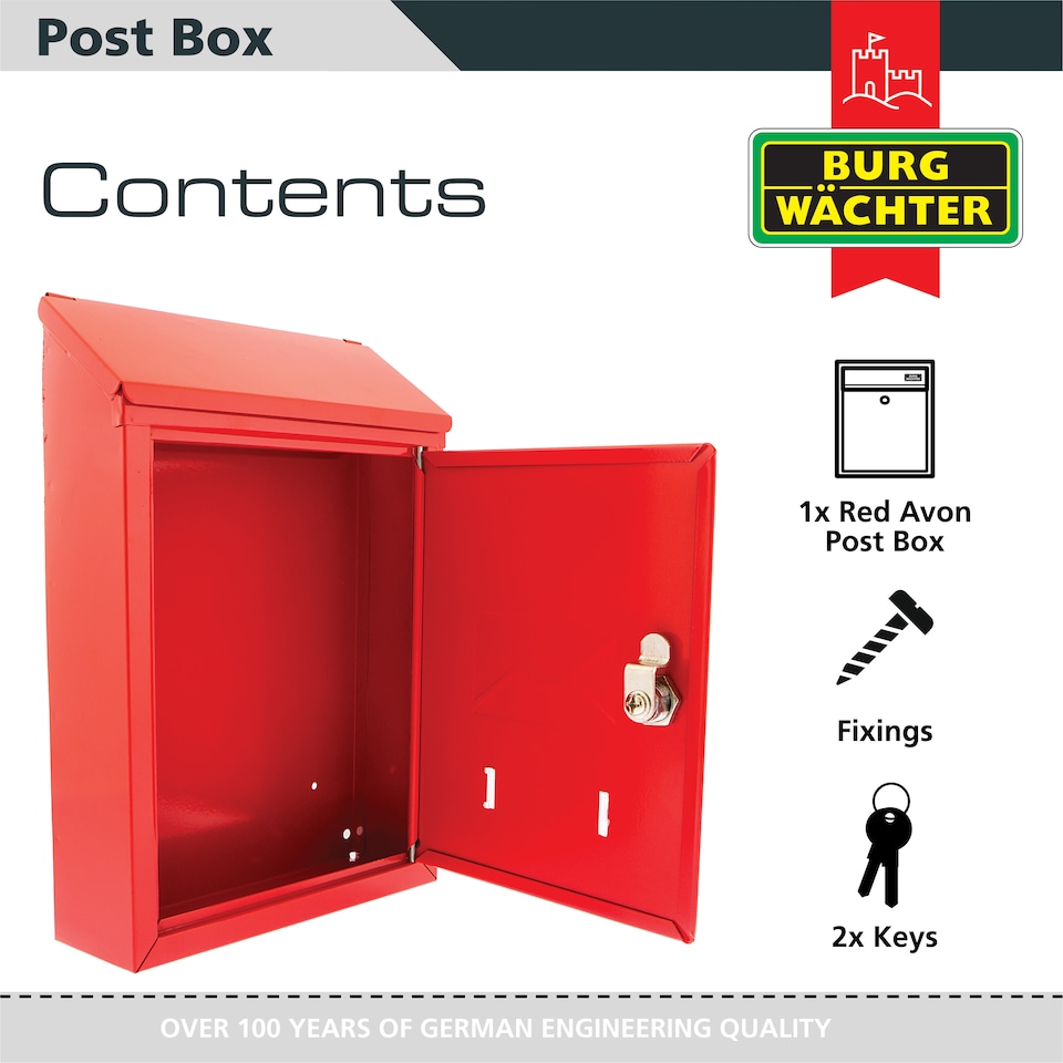 image 1 of Burg-Wachter Red Avon Dual Entry Wall Mounted Galvanised Steel Lockable Weatherproof Post Box - 21x30x7cm | Red | Red