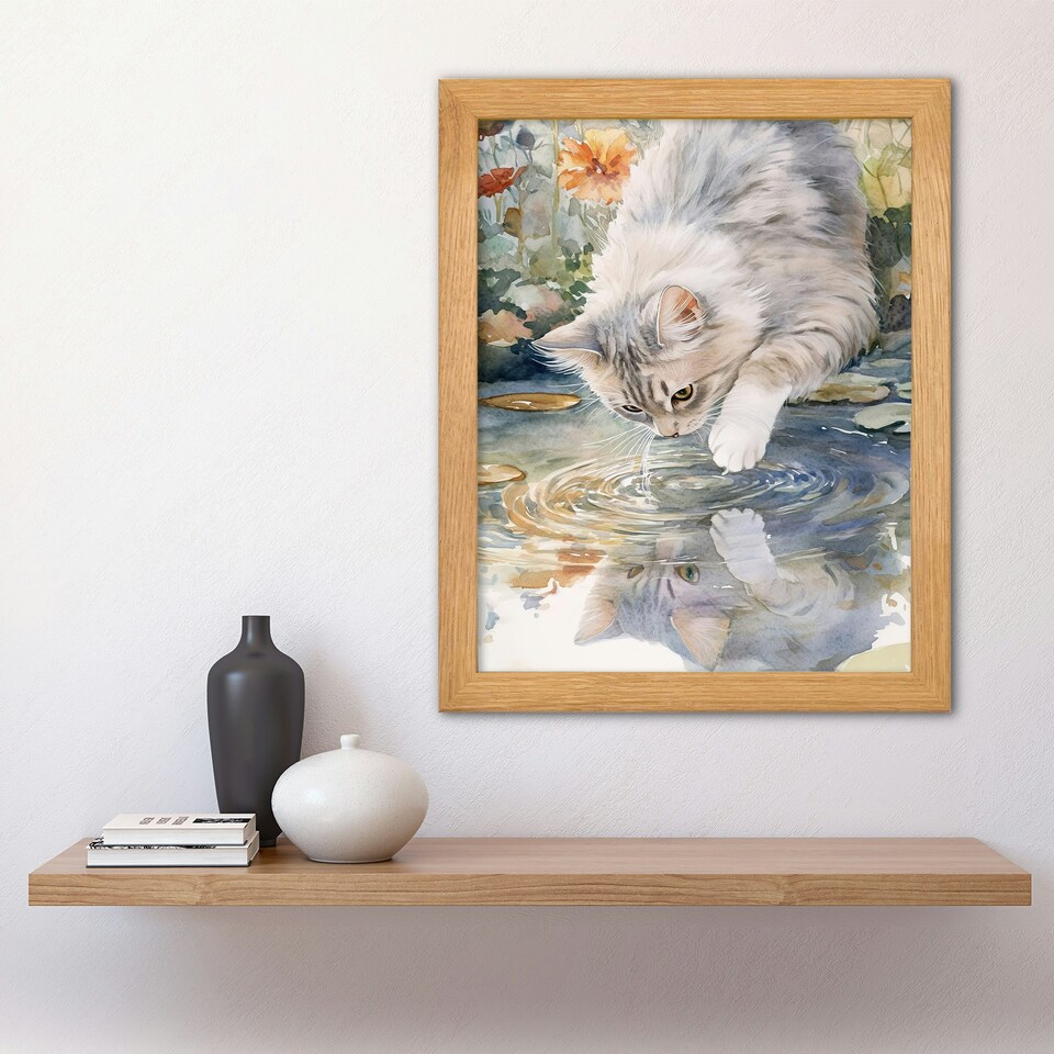 image 1 of Cat Lover Cute Kitten Pond Lake Watercolour Wood Framed Wall Art Print