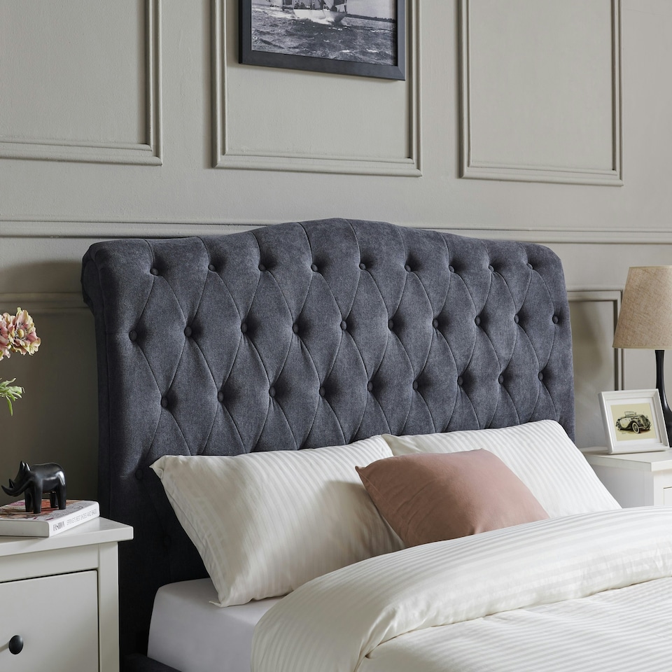 image 1 of 3ft Single Fabric upholstered, dark grey,buttoned back,curved bed frame,bedstead