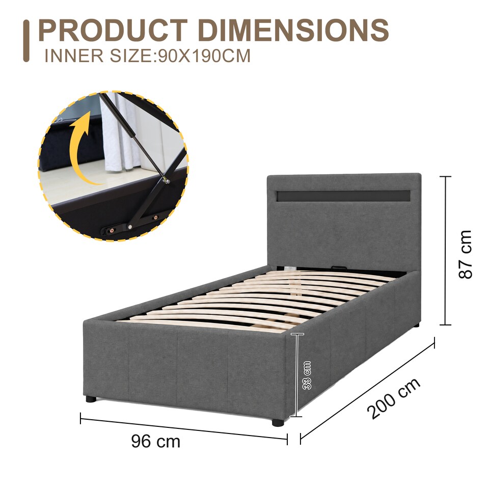 image 1 of 3ft Single Modern Gas Lift Ottoman Bed Frame with LED In Dark Grey