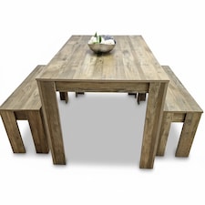 Rustic Effect Dining Table with 2 Benches  Wooden Dining Set
