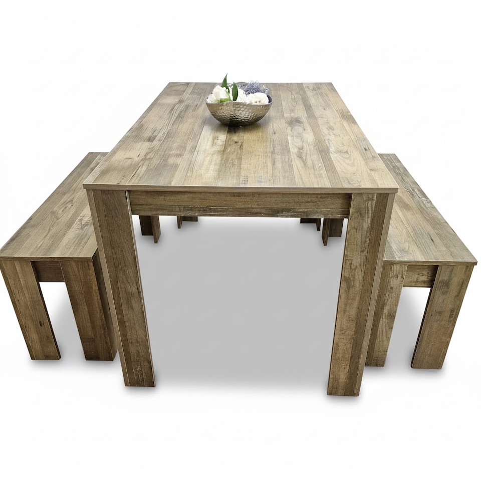 image 1 of Rustic Effect Dining Table with 2 Benches  Wooden Dining Set