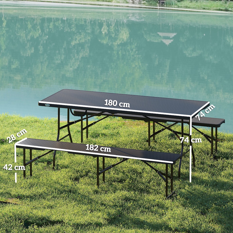 image 1 of Outsunny Folding Picnic Table and Bench Set, Rattan Effect Portable Camping Table and Chairs with Carrying Handles for Indoor Outdoor, Dining, Camping, Picnic, BBQ, Party, Black
