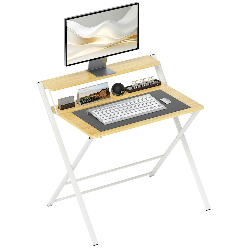 image 1 of HOMCOM Folding Desk with 2-Tier Shelf for Home Office, Maple Wood-effect