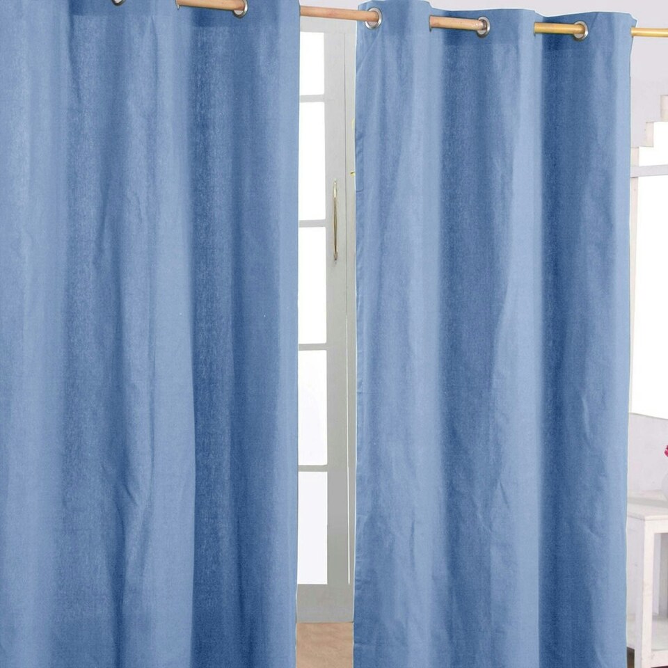 image 1 of Homescapes Cotton Plain Airforce Blue Ready Made Eyelet Curtain Pair - 117 x 137 cm Blue