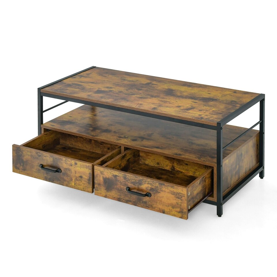 image 1 of COSTWAY Industrial Coffee Table Wooden Center Table with 2 Drawers | Brown