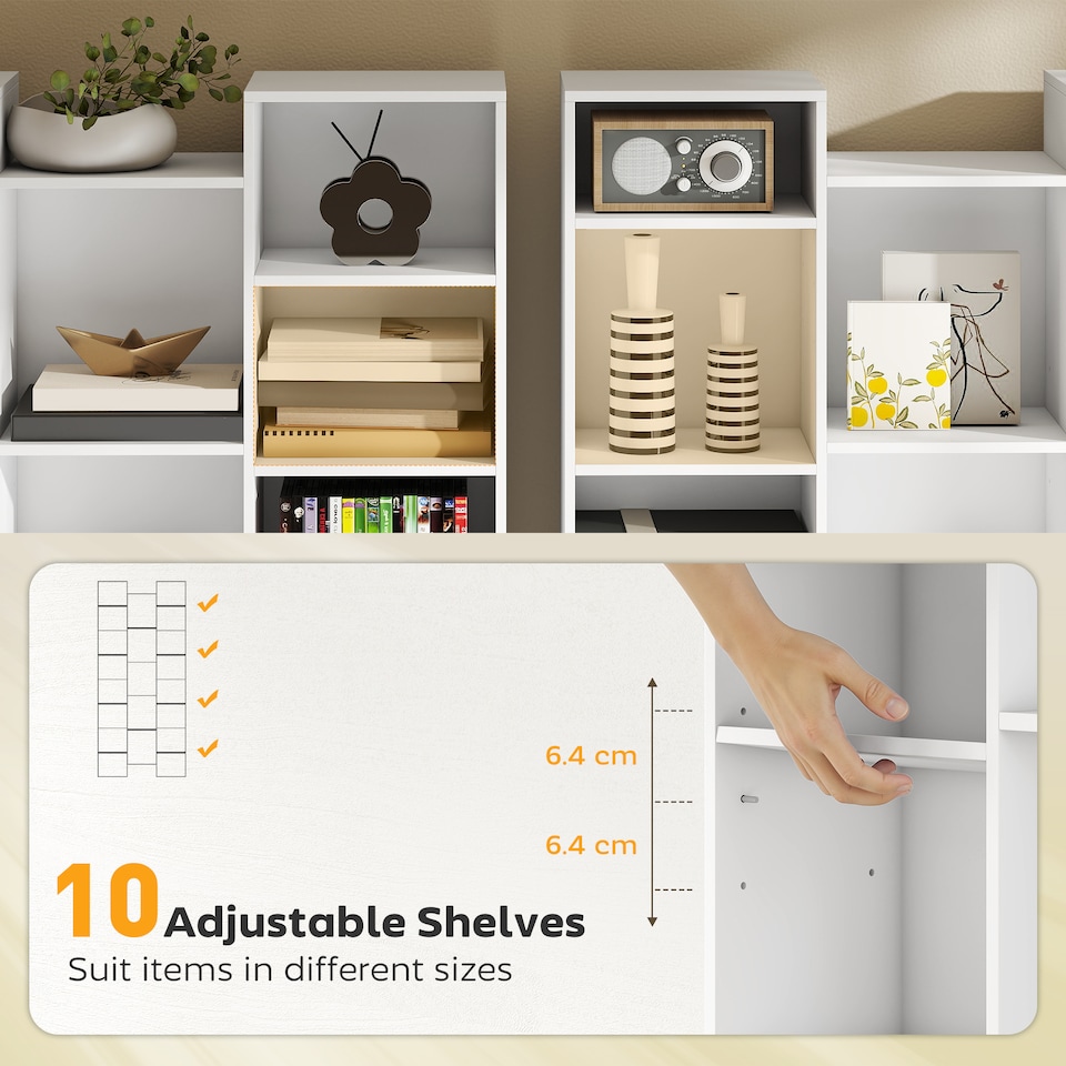 image 1 of HOMCOM 21-Cube Tall Bookcase, Modern Cube Book shelf with 10 Adjustable Shelves, Freestanding Multi-Functional Storage Unit for Living Room, Home Office, Bedroom, 181 x 89.5W cm, White | White | White