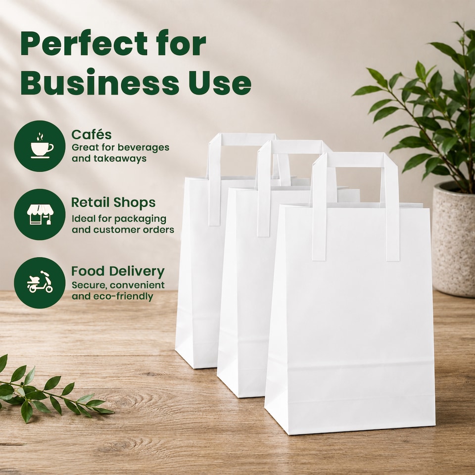 image 1 of ECONX White Kraft Paper Bags With Handles Medium Size SOS Takeaway Grocery Party Carrier Bags x 50pc