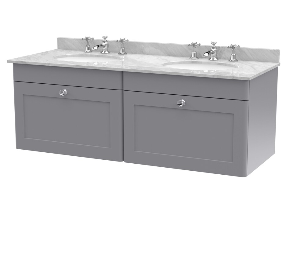 image 1 of Balterley Swynnerton Traditional 2 Drawer Wall Hung Vanity Unit with Double Marble Basin, Satin Grey, 1200mm