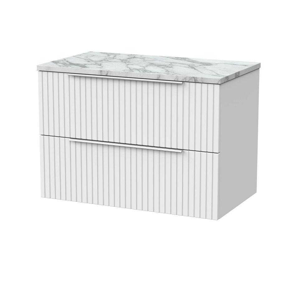 image 1 of Balterley Callingwood Contemporary Wall Hung 2 Drawer Vanity Unit with Carrera Marble Laminate Worktop , 800mm, Matt White