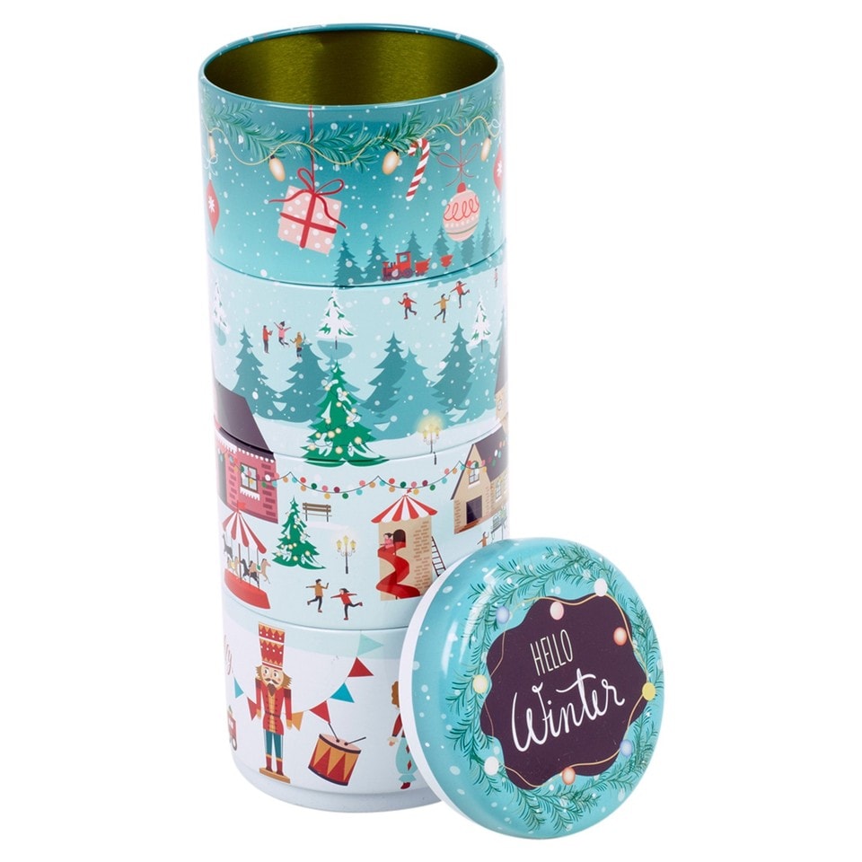 image 1 of Christmas Metal Storage Mini Tins Set Nesting Stacking Containers Festive Design | Multi | Teal