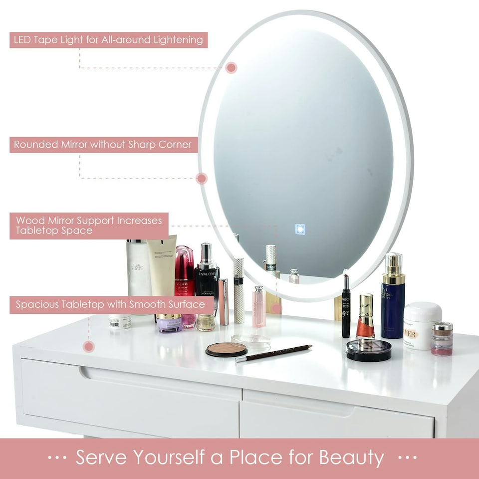 image 1 of COSTWAY Makeup Vanity Dressing Table Set with Lighted Mirror White