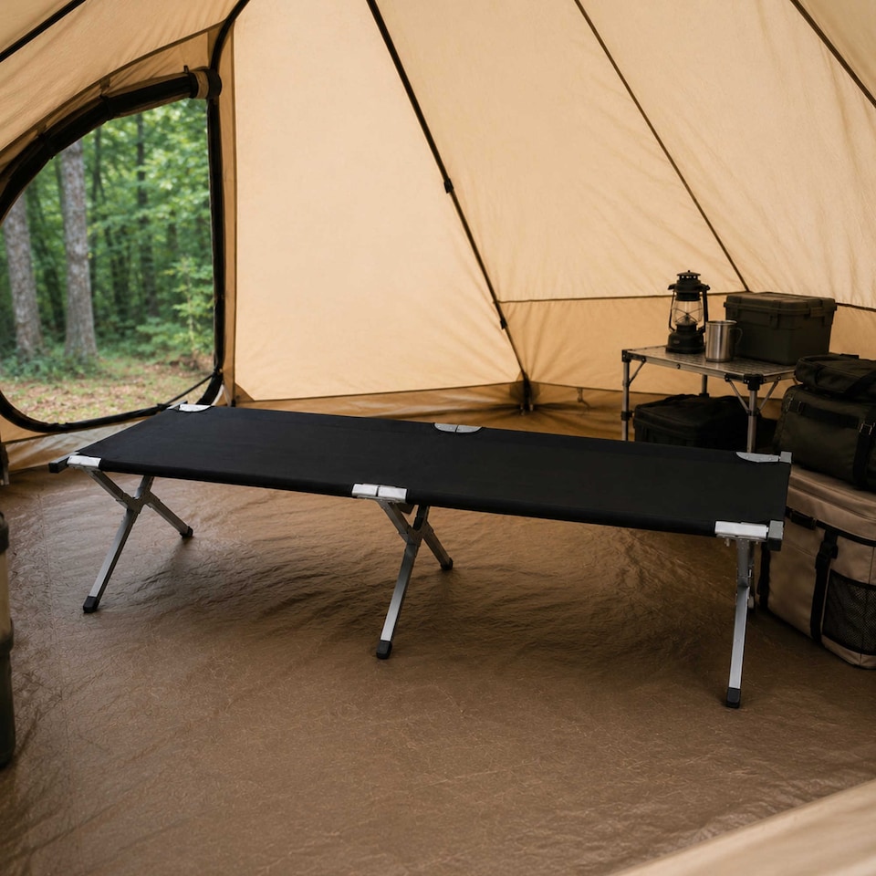 image 1 of Heavy Duty Outdoor Folding Camping Bed Portable with Carry Bag | Black