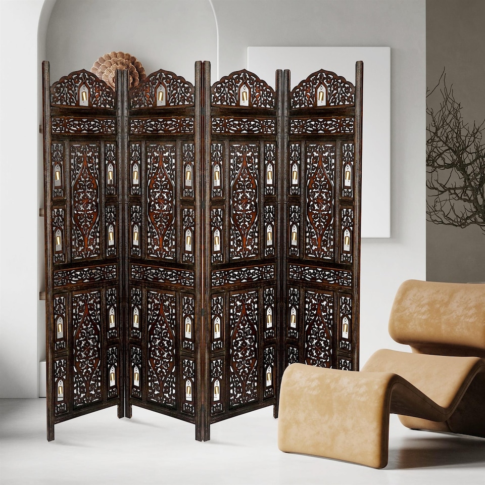 image 1 of 4 Panel Heavy Duty Carved  Screen Wooden Bells Design Room Divider Dark Brown 200 x 180 cm | Brown | Dark Brown | 200 x 180 cm