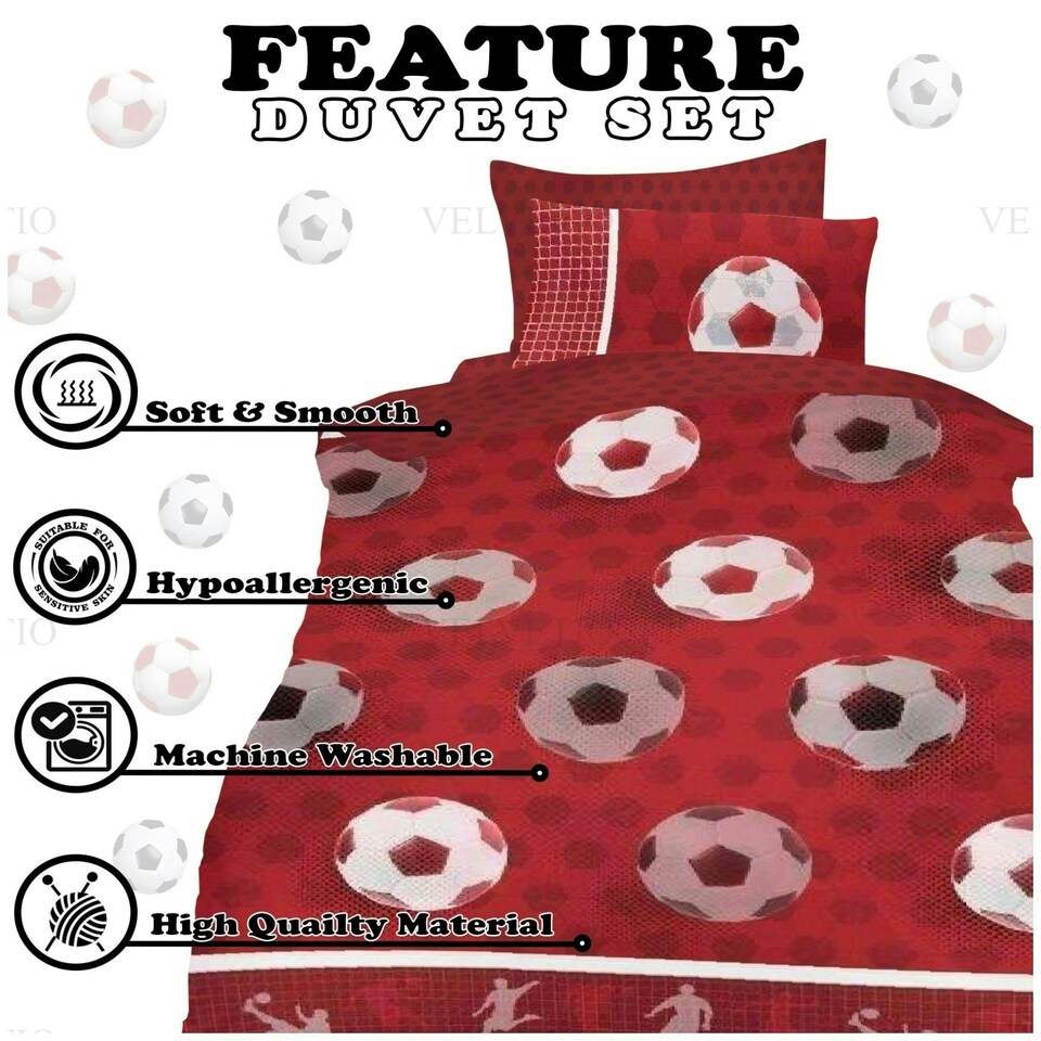image 1 of VELVETIO Football Goals Duvet Cover Set Soft Polycotton Reversible Kids Beddings Red | Double