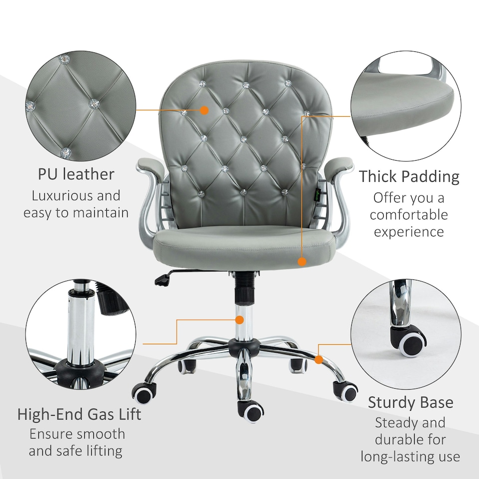 image 1 of Vinsetto Office Chair PU Diamante Padded Ergonomic 360° Swivel Grey