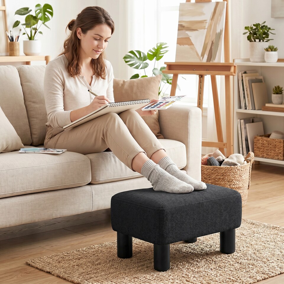 image 1 of HOMCOM Chic Linen Fabric Foot Stool Ottoman Cube with Legs