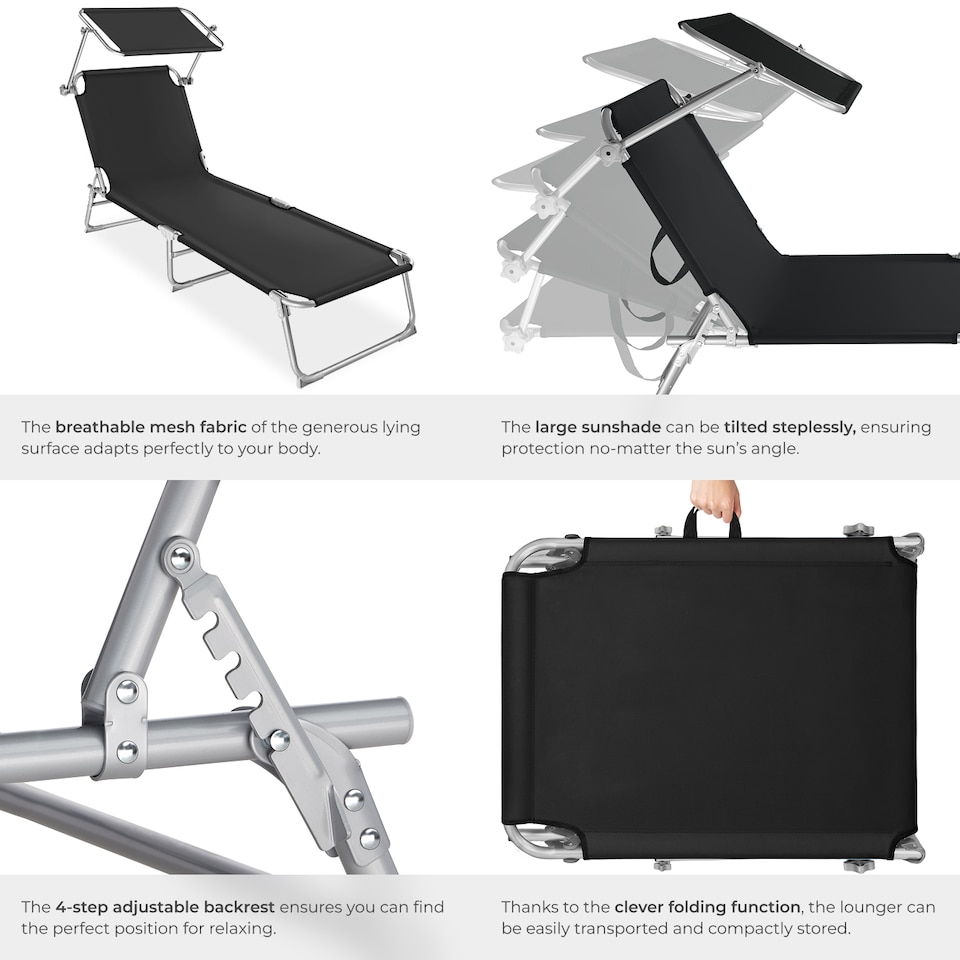 image 1 of Sun Lounger - foldable, adjustable sunshade and 4-step backrest | Black | black | 1