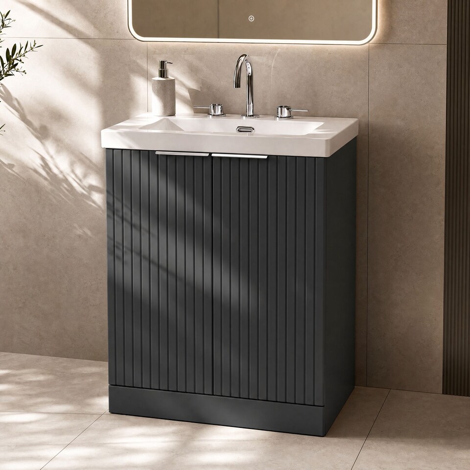 image 1 of Balterley Callingwood Contemporary Floor Standing 2 Door Vanity Unit with 3 Tap Hole Fireclay Basin , 600mm, Dark Grey