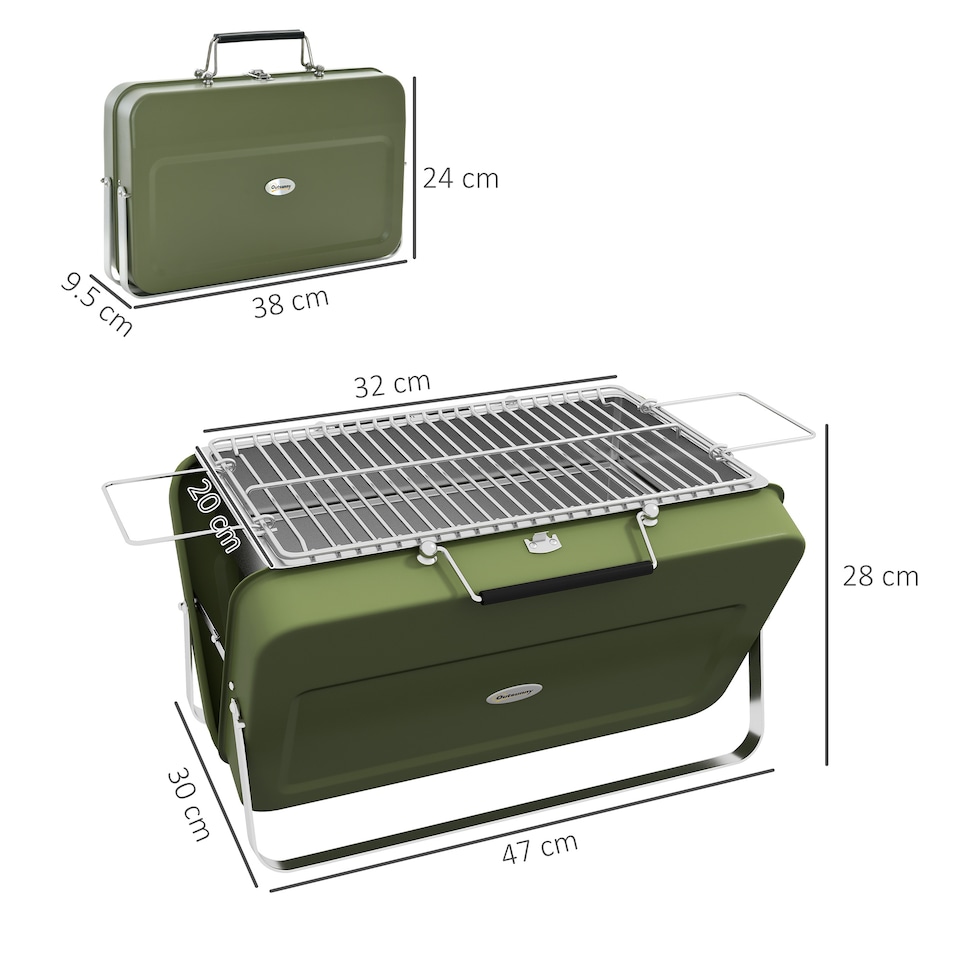 image 1 of Outsunny Portable BBQ Grill with Suitcase Design for Camping Picnic Party, Green