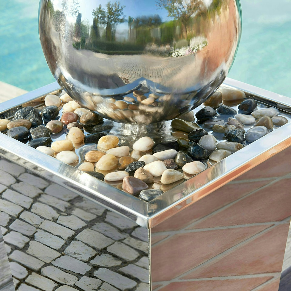 image 1 of Primrose Polished Stainless Steel Sphere Column Water Feature Cascade 83cm