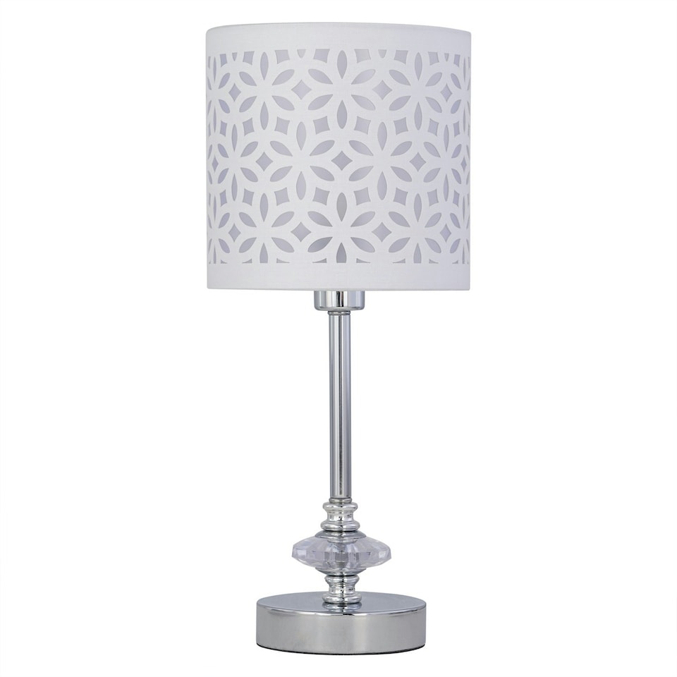 image 1 of First Choice Lighting Chrome Jewelled Table Lamp with White Cut Out Shade Chrome | White