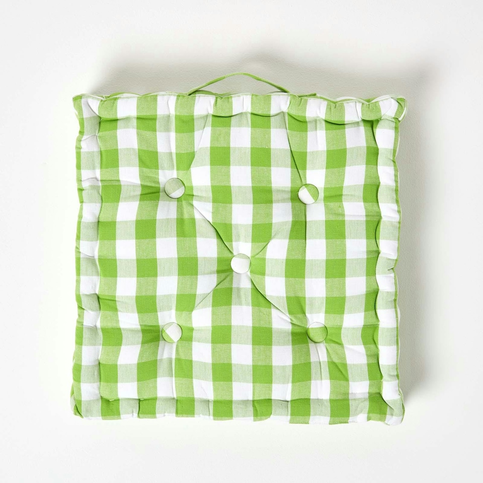 image 1 of Homescapes Green Block Check Cotton Gingham Floor Cushion - 40 x 40 cm | Green | 40 x 40 cm