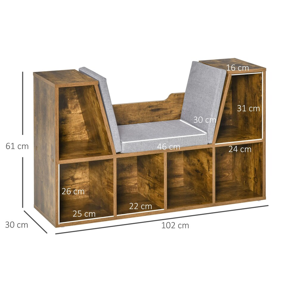image 1 of HOMCOM Cube Bookshelf Organizer with Reading Seat, Six Cubes, Brown