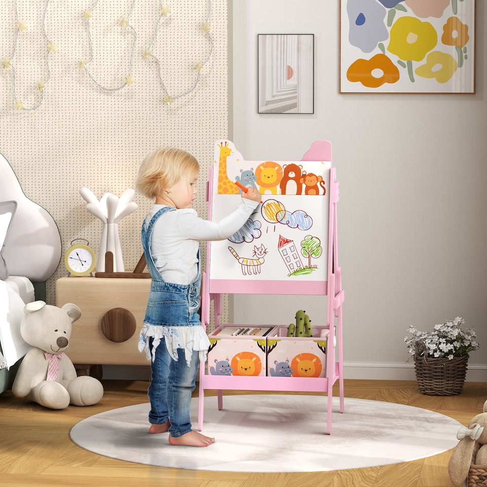 image 1 of AIYAPLAY 2 in 1 Kids Easel with Whiteboard, Chalkboard, Storage Boxes | Pink | Pink