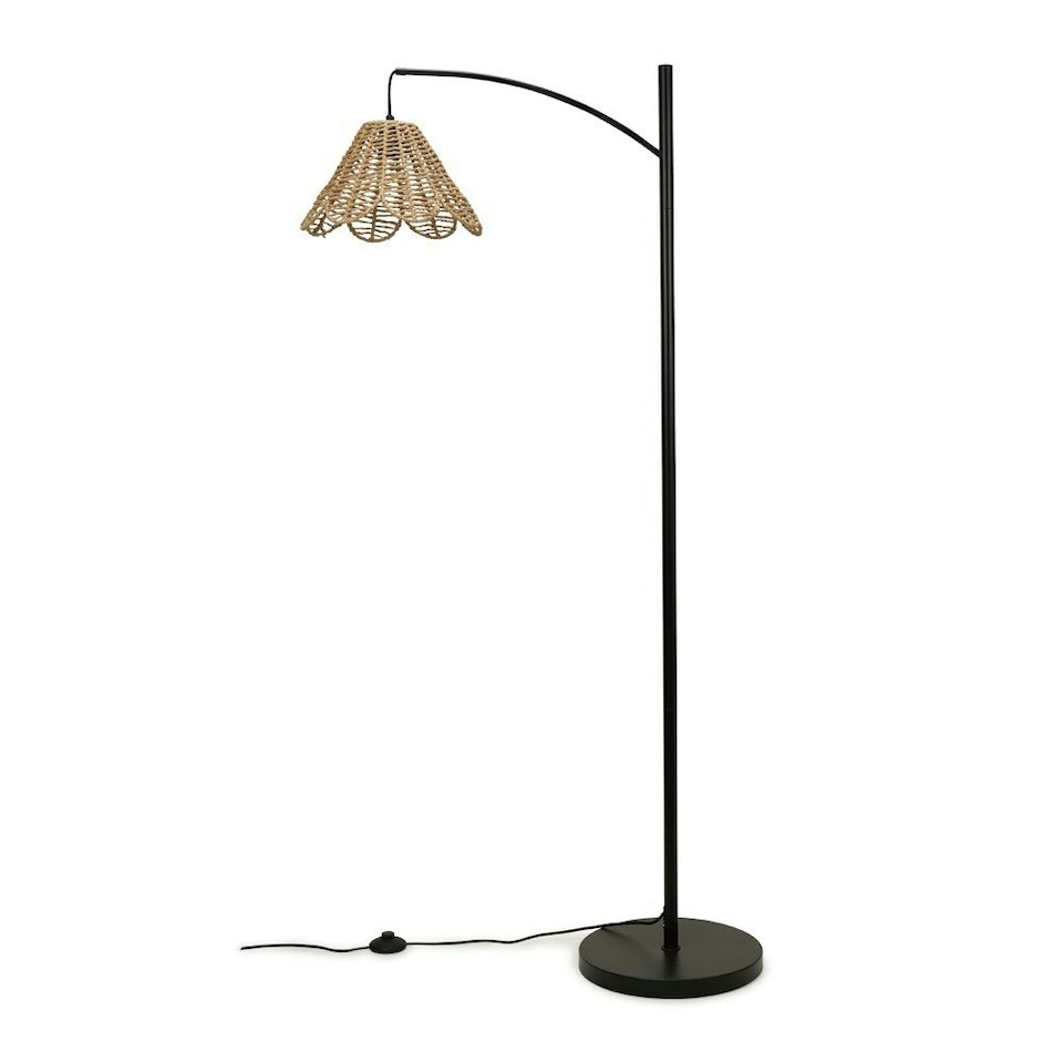 image 1 of ValueLights Preto Black Metal Curve Stem Floor Lamp with a Rattan Wicker Scalloped Edge Shade