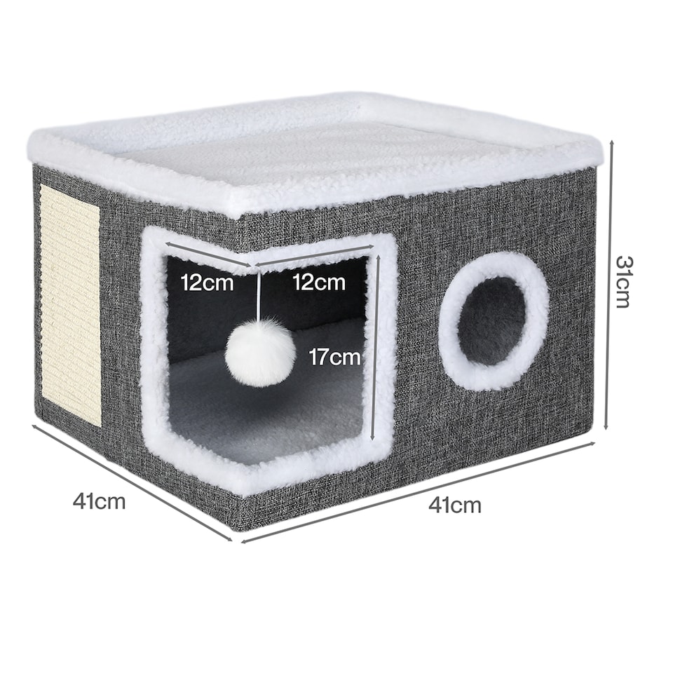 image 1 of Skylos Cat House Indoor Cat Cave with Scratch Pad Fluffy Ball Cat Bed Pet House