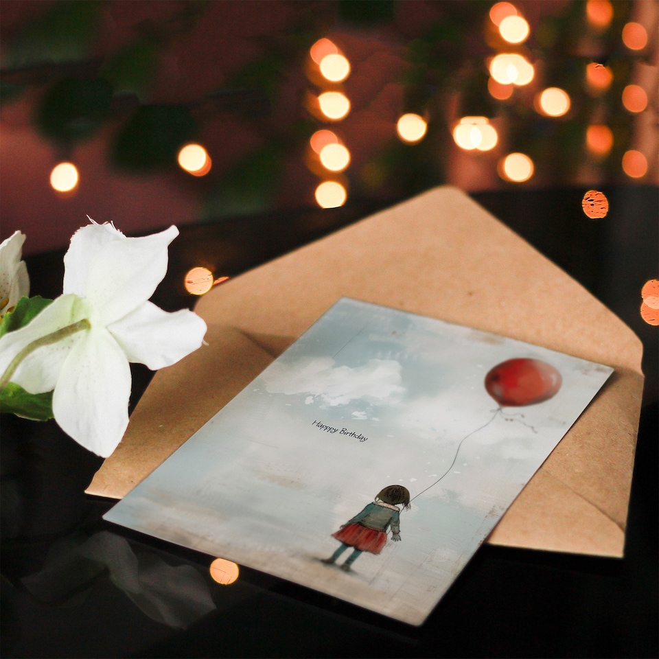 image 1 of Little Girl with Red Balloon Birthday Card Painting for Gran