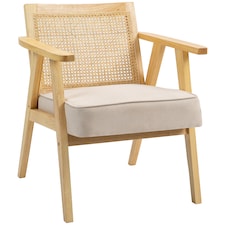 HOMCOM Armchair, Fabric Accent Chair with Rattan Back, Rubber Wood Frame and Padded Seat Cushion for Living Room, Bedroom, Home Office, Cream White Finish