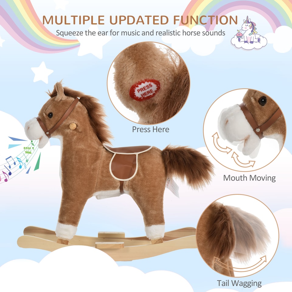 image 1 of HOMCOM Kids Plush Rocking Horse with Sound Moving Mouth Wagging Tail Children Rocker Ride On Toy Gift 3-6 Years Brown
