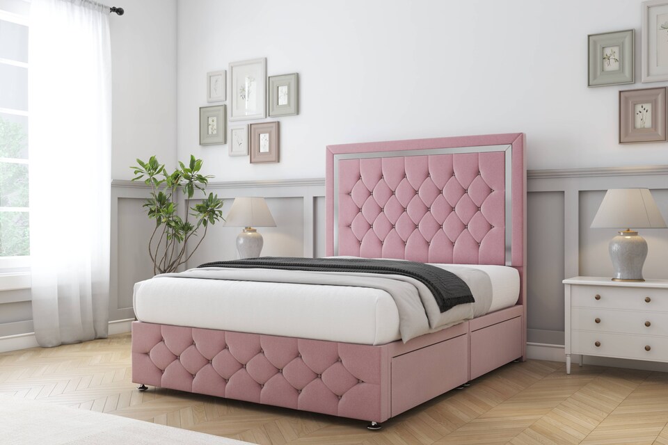 image 1 of Sloomy Sofia Chrome Pink Plush Divan Bed With Mattress 2 Drawers Left Side With 26" Strutted Headboard & 12" Matching Footboard 6' Super King | Pink | Pink | Super King | 1