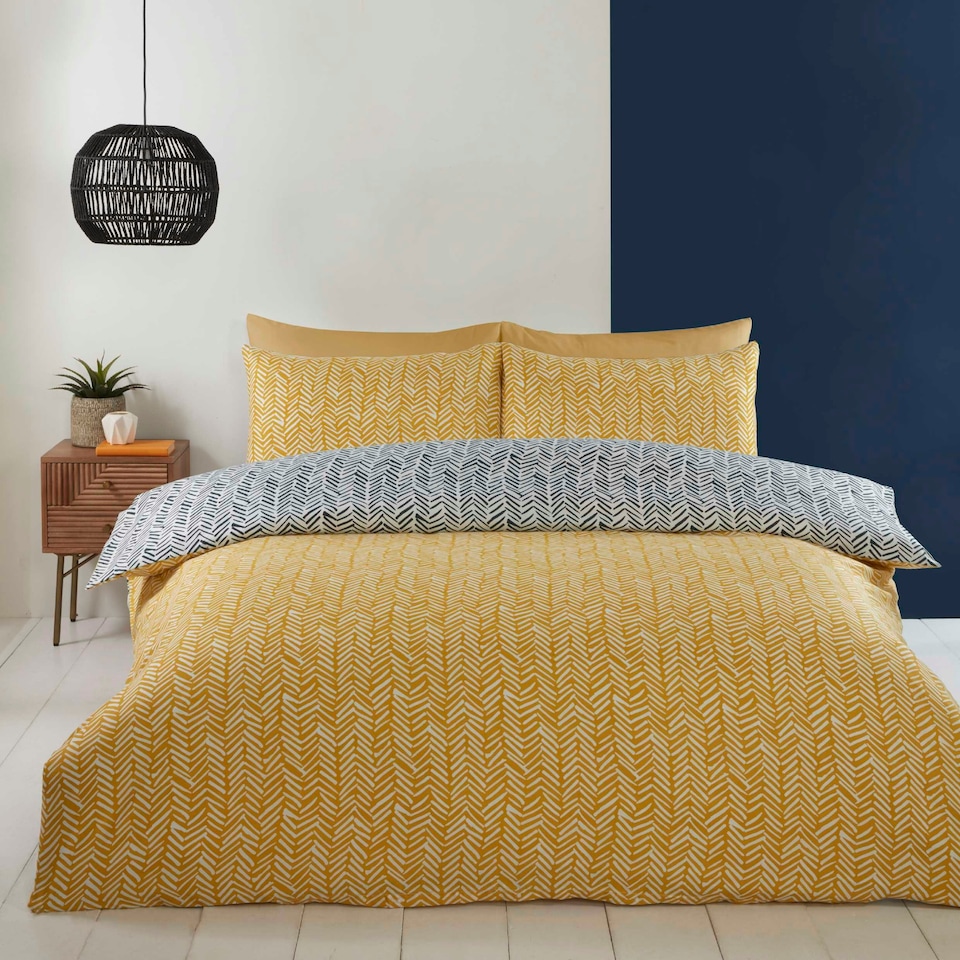 image 1 of Helston Reversible Duvet Cover Set with Pillowcase Bedding Yellow | Single