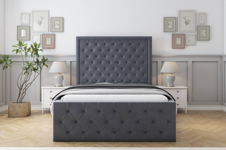 image 1 of Sloomy Vienna Steel Plush Special Bed Frame. With 50" Upholstered Headboard 5' King