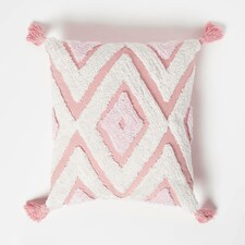 Homescapes Geometric Ikat White & Pink Tufted Cotton Cushion with Tassels - 45 x 45 cm