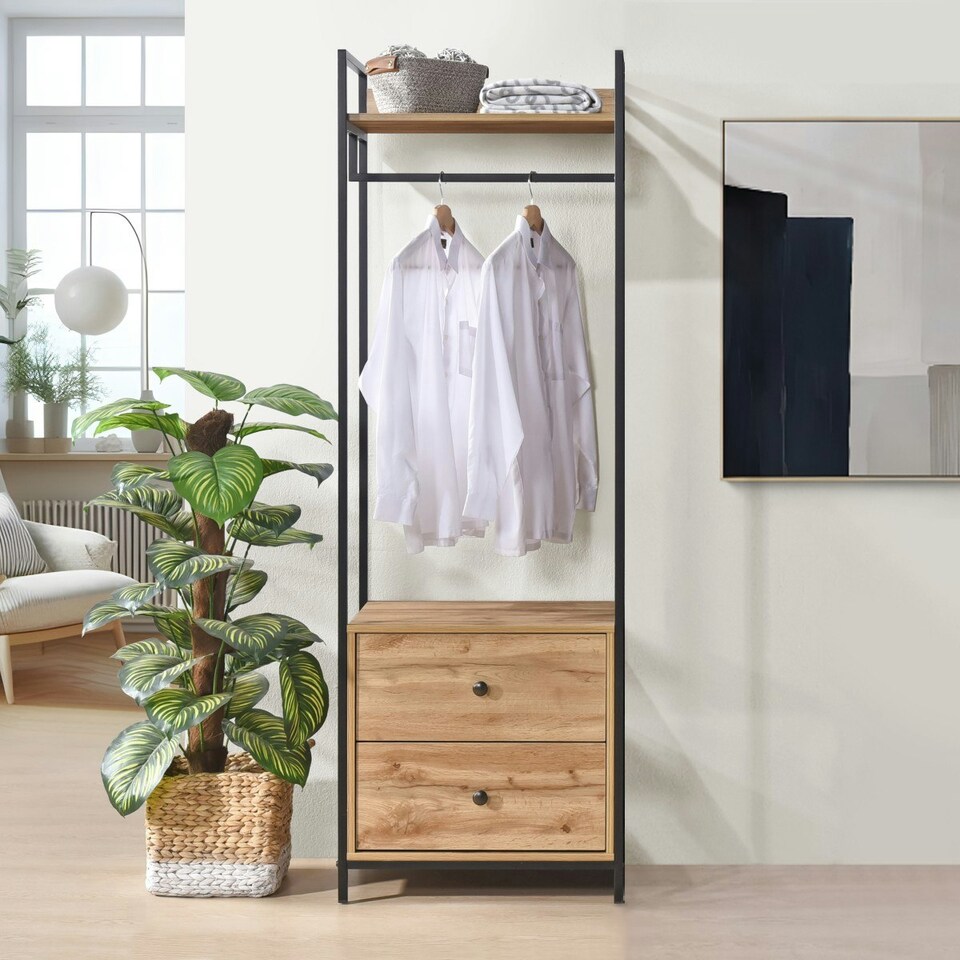 image 1 of Alva Open Wardrobe with 2 Drawers Grey | Grey Oak